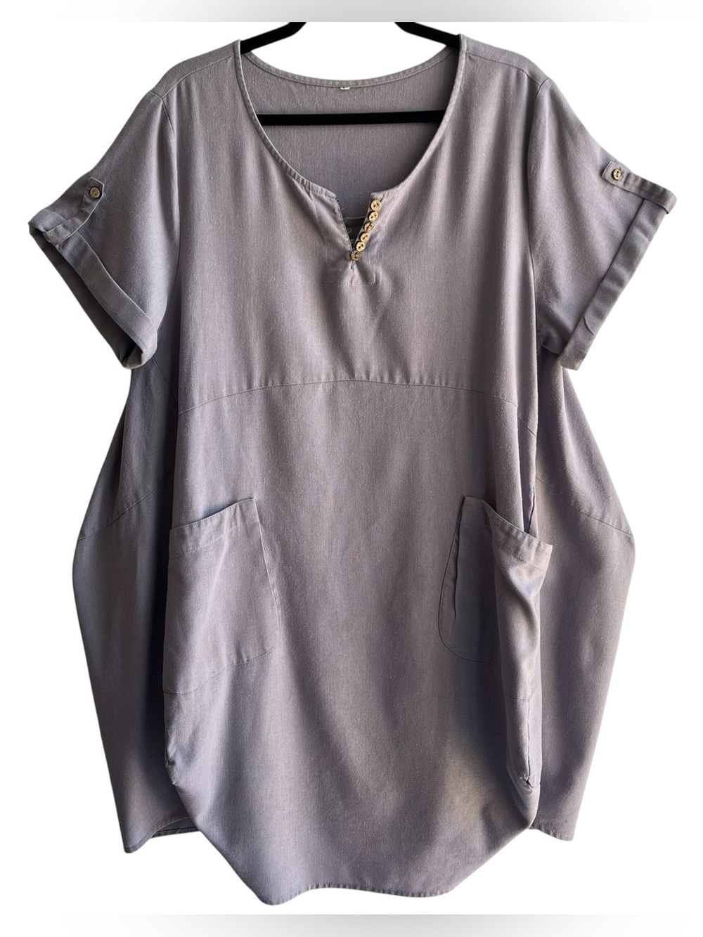 Women’s Cocoon Dress Large Gray Oversized Tunic Lagenlook Pocket Balloon Hem